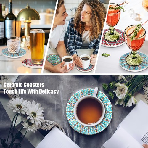 Ceramic Coasters Set of 4 – Drink Coasters with Cork Backing, Non-Slip & Heat Resistant – Intricate Embossed Mandala Boho Coasters with Vibrant Glaze for Coffee Table, Desk, Patio & Home Decor Gifts