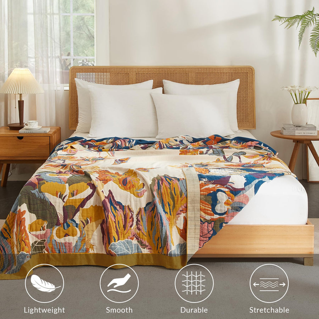 Bailix Boho Throw Blanket for Couch Sofa Bed, 100% Cotton Woven Quilt with Tassel 60”x80”, Super Soft Muslin Blanket with Floral Printed, Decorative Reversible Bed Blanket/Cover for All Seasons