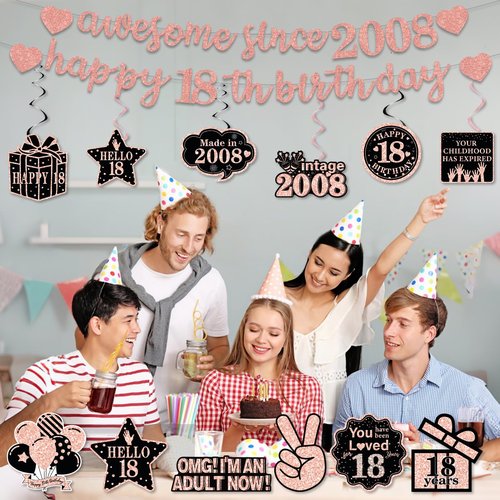 Pre-Strung 18th Birthday Banner Decorations for Girls, Glitter Happy 18th Birthday Decor, Rose Gold Eighteen Years Bday Hanging Swirls Party Supplies