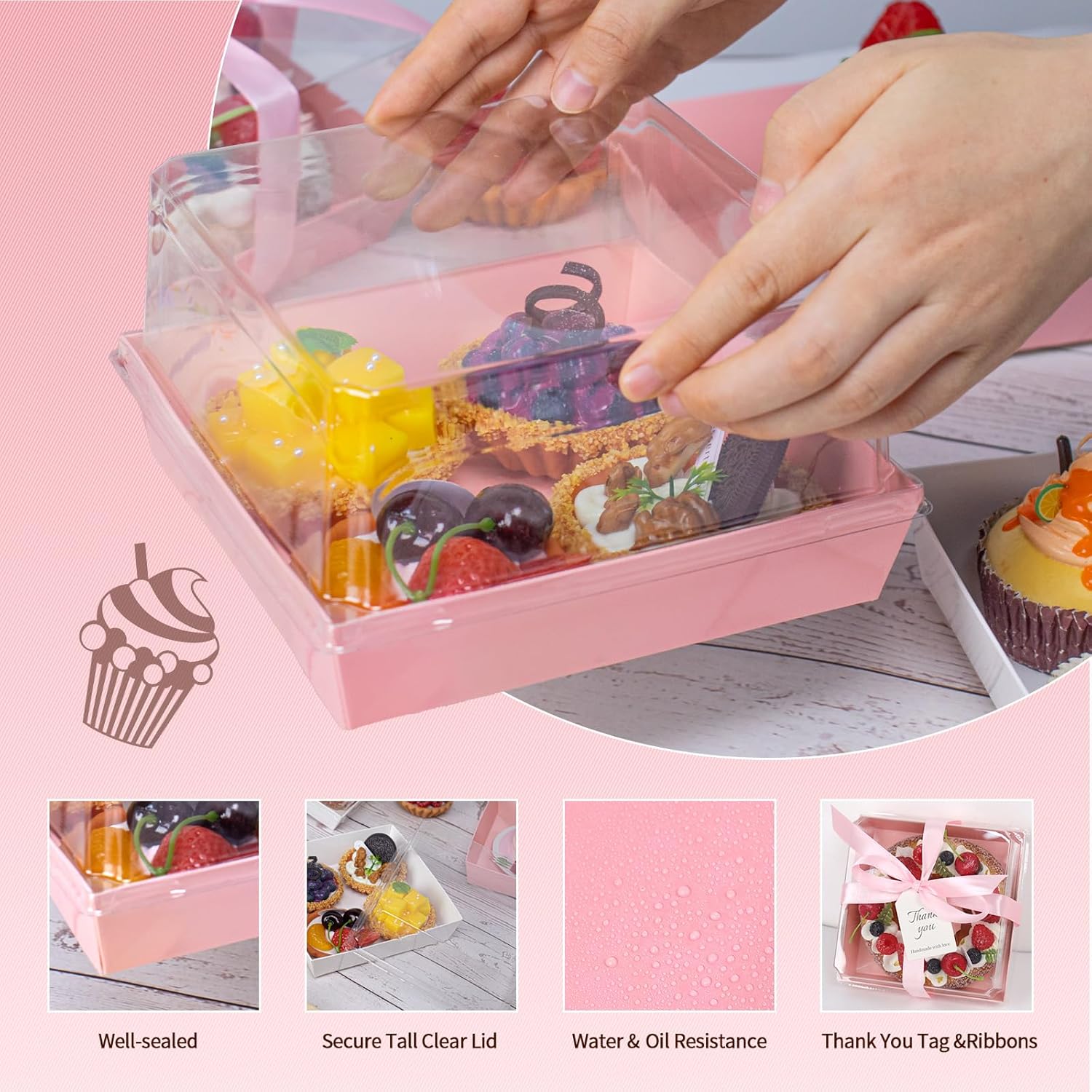 Regine Switzerland Paper Cake Boxes - 50 Pack Pink Large Charcuterie Containers | Clear Lids, 7x7x4 Inches for Desserts