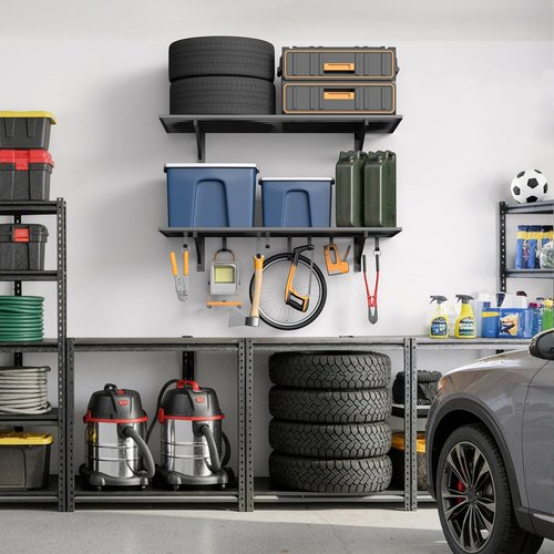 Jusgym 2-Pack 2x4ft Garage Shelving Wall Mounted, Heavy Duty Garage Wall Shelving with Hooks, 500 lbs Capacity Industrial Storage Shelves for Garage Organization