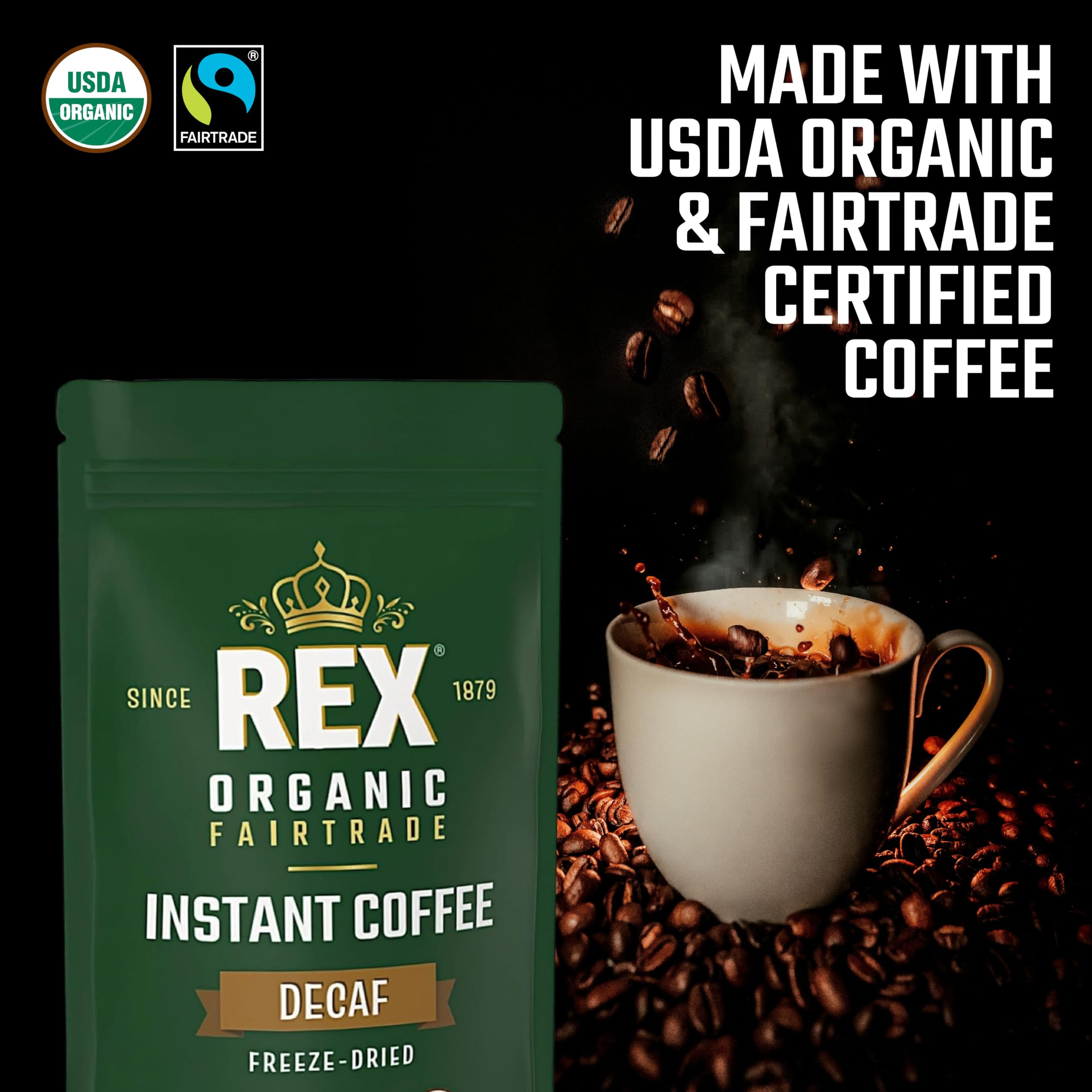 Rex Coffee Organic Fairtrade Natural Decaf Freeze-Dried Instant Coffee – Naturally Decaffeinated Arabica, 7.05 oz (Pack of 2) Resealable – Lab Tested for Mold, Mycotoxins, Heavy Metals, & Acrylamide