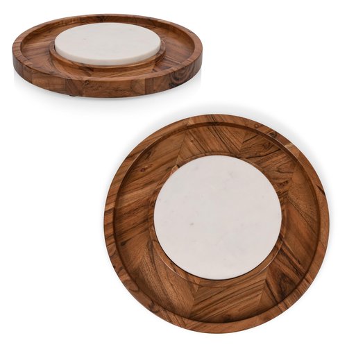 PICNIC TIME Isla Serving Platter with Marble Cheeseboard Insert, Acacia Wood Charcuterie Board Set, Round Serving Chopping Tray, (Acacia Wood with Marble)