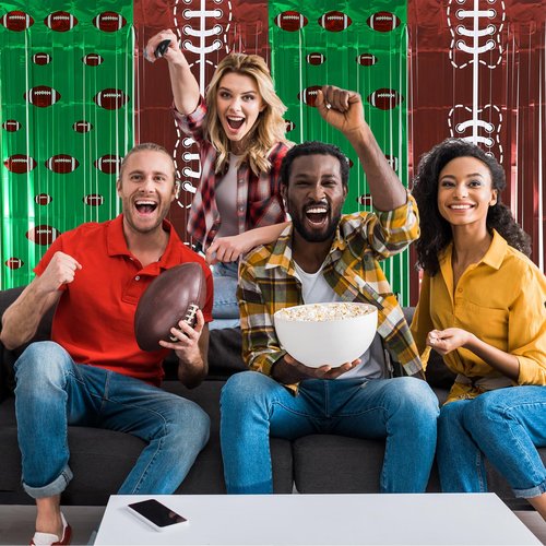 Boao 2 Pack Football Party Decorations 3.3x6.6 ft Shiny Tinsel Backdrop Green and Brown Football Tinsel Foil Fringe Curtains Backdrop Photo Props for Sports Rugby Birthday Party Home Decorations
