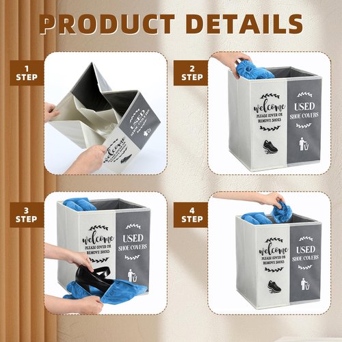 Singhoow Shoe Cover Box Dispenser Foldable Storage Bin Holder with Used Shoe Covers and Welcome Please or Remove Sign for Open House Supplies(Beige, Gray)