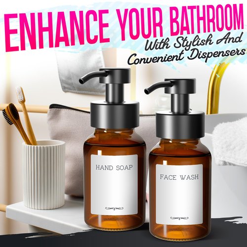 2 Pcs Amber Foaming Soap Dispenser Glass - 8.5 Oz Stylish Foam Pump Bottle for Bathroom or Kitchen Use - Compatible with Hand Wash, Dish Liquid, Shampoo and Gel | Non-Slip Bottom, 6 Label Stickers