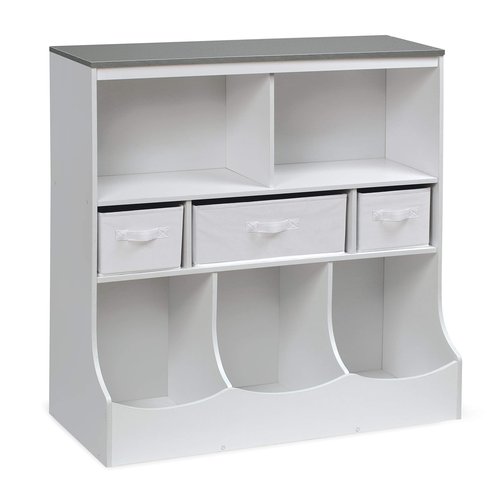 Badger Basket Combo Toy Storage Organizer and Bookshelf - Kids Storage Unit with 3 Removable Baskets, Open Shelves, Top Display Surface - White/Gray