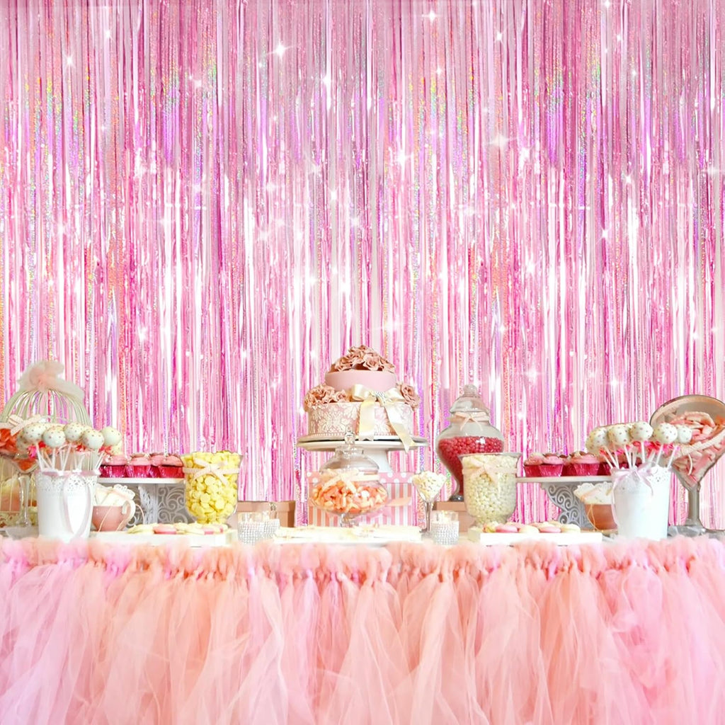 Skiennix Shiny Pink Tinsel Foil Fringe Curtains - 2 Pack Party Backdrop for Birthday & Baby Showers