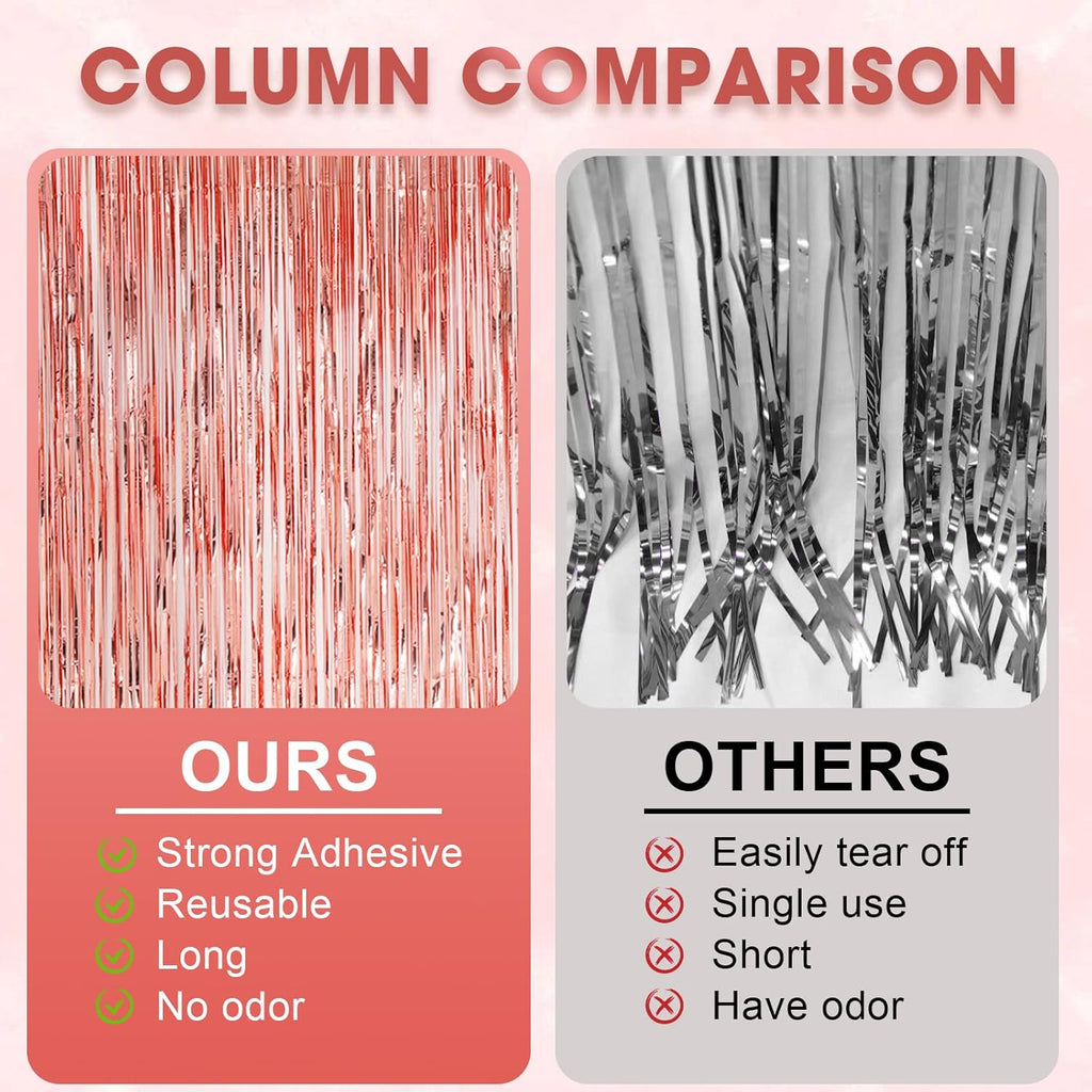 Voircoloria Rose Gold Foil Fringe Backdrop Curtains - 3 Pack Tinsel Streamers for Parties & Events