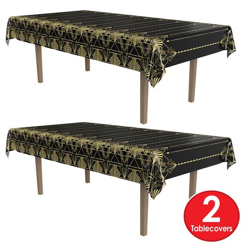 Beistle 2-Count Great 1920s Tablecover, Art Deco Decor & Table Decorations for Party, Hollywood Decor, Plastic Black & Gold Plastic Cover, 54" x 108"