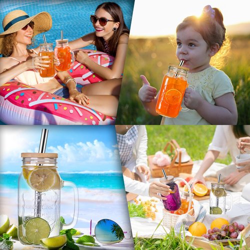 QWEZXO 24 OZ Mason Jar Drinking Glasses with Bamboo Lids and Stainless Steel Straws for Party Beverages,Iced Coffee 2Pack