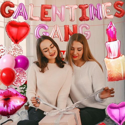 Galentines Gang Balloons Banner Set - Galentines Day Decorations with Letter Heart Foil Lips Balloon, Girls Night Party Supplies for Women Friends Valentines Day Decor