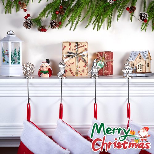 Christmas Stocking Holders for Mantel Set of 4, Non-Slip Adjustable Mantle Stocking Holders, Snowflake Snowman Reindeer Pine Tree Fireplace Stocking Hangers Set for Party Christmas Decorations