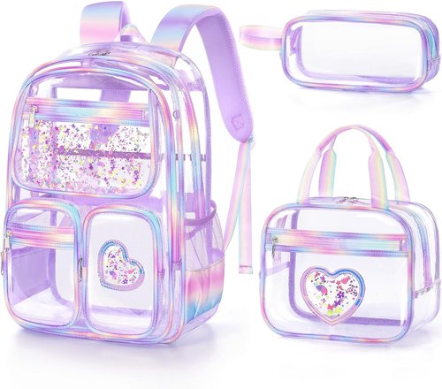 Fimibuke Clear Backpack - Heavy Duty PVC Transparent Bookbag for Girls | Includes Lunch Box & Pencil Case