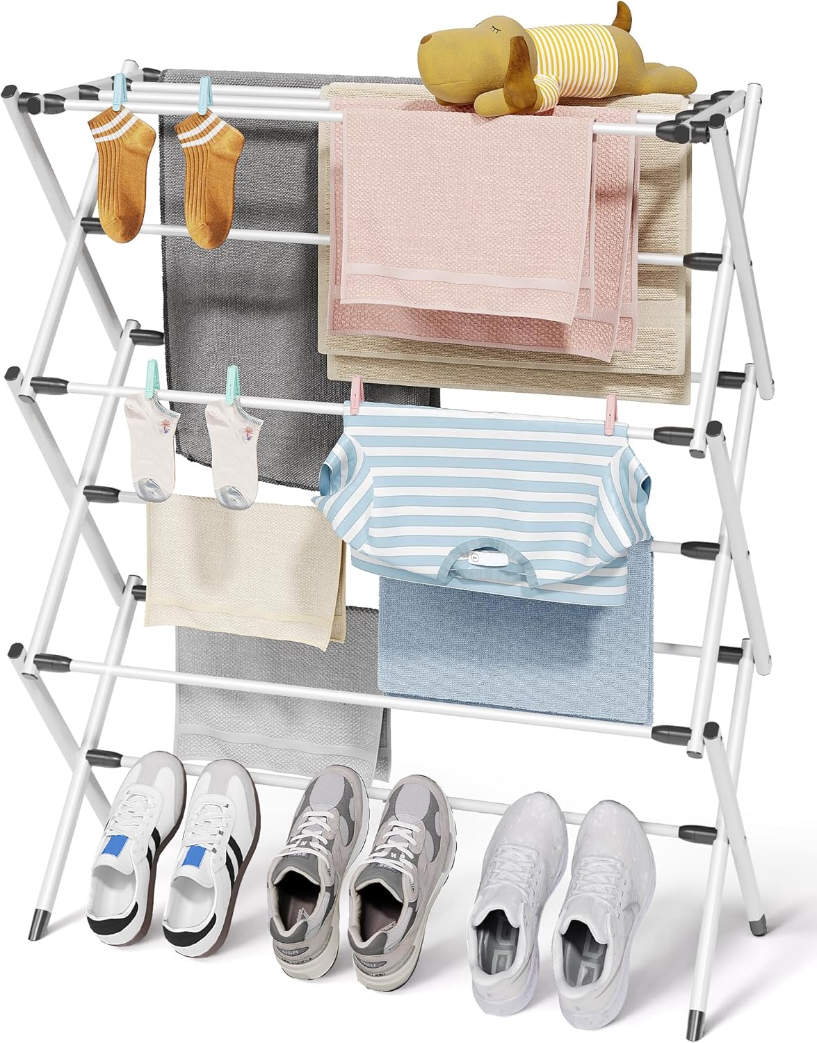 Sakugi Foldable Clothes Drying Rack - 3-Tier Metal Laundry Organizer with Non-Slip Feet | Indoor & Outdoor Use, 11.4"D x 29.1"W x 37.4"H, White & Black