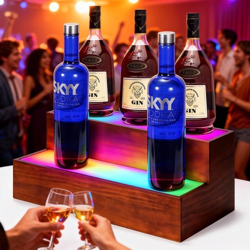 B4Life 16 Inch Lighted Liquor Bottle Display Shelf, 2 Tier LED Bar Shelves, Liquor Bar Shelf for Home Bar