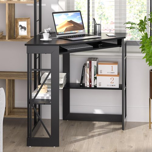 VECELO Corner Computer Desk 41x30 inches with Charging Station & Keyboard & Storage Shelves for Small Space,Triangle Table for Home Office Bedroom,Black