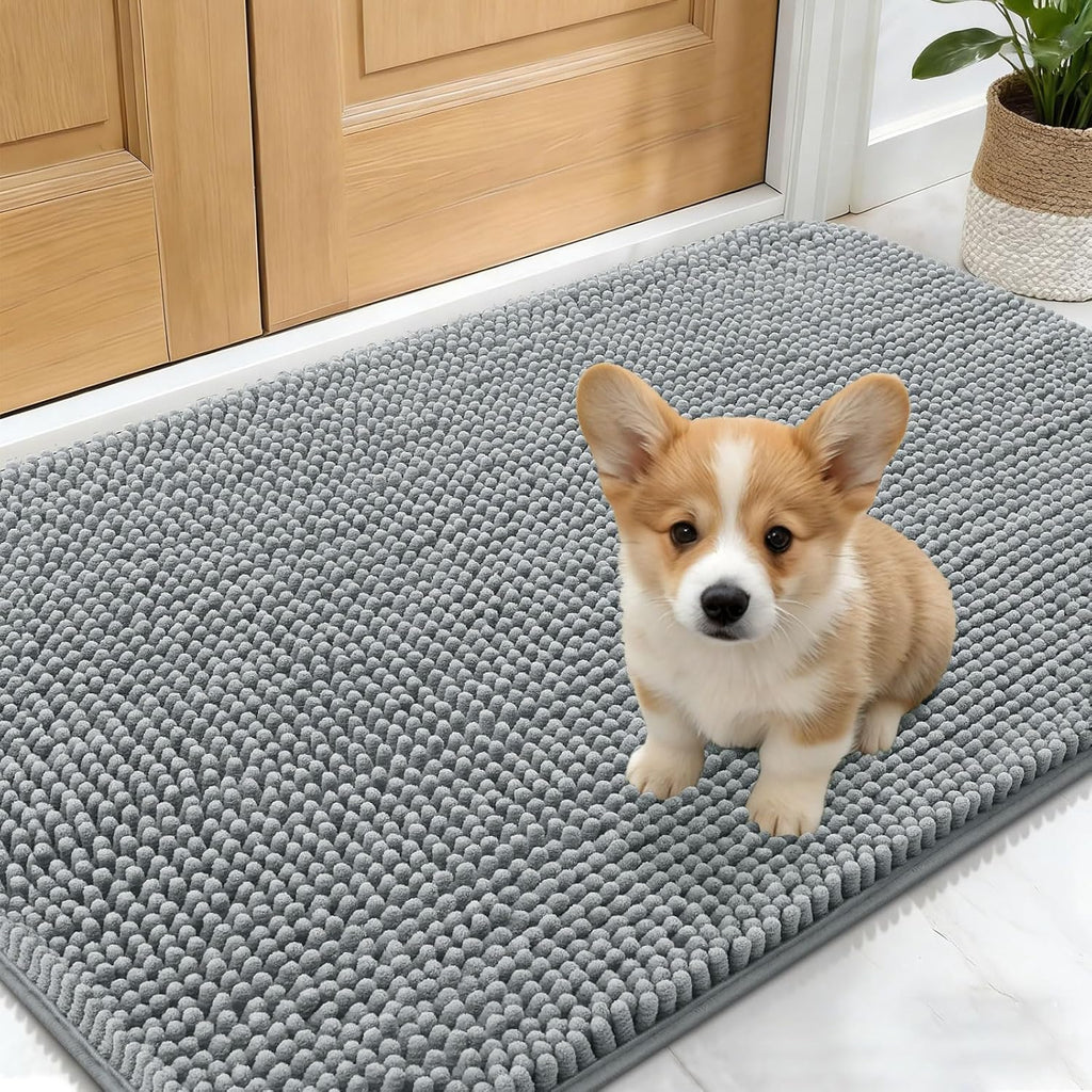 OLANLY Dog Door Mat - Absorbent Non-Slip Chenille Mat for Muddy Paws | 24x16 Inches, Grey