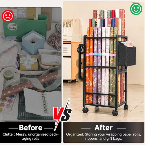 Aquzee Gift Wrapping Paper Organizer - Vertical Storage Cart with 9 Adjustable Rods & 12 PCS Slap Bands | Black