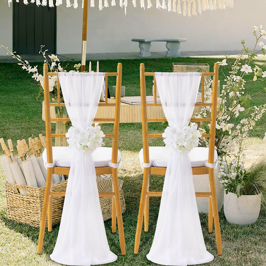 SoarDream White Wedding Chair Sashes, 16 Pack Sheer Tulle with Artificial Hydrangea Accents for Ceremony & Reception Home Chair Decorations