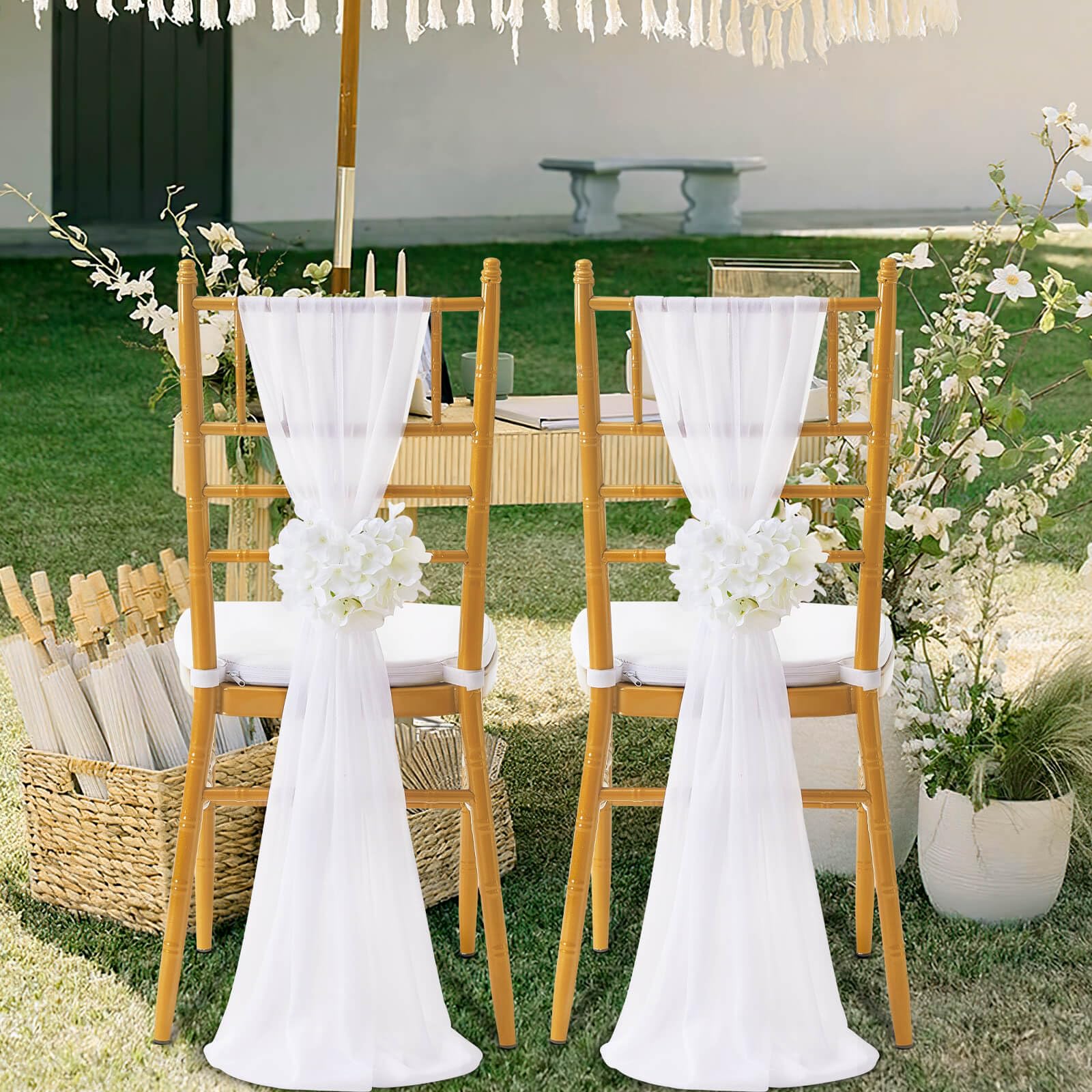 SoarDream White Wedding Chair Sashes, 16 Pack Sheer Tulle with Artificial Hydrangea Accents for Ceremony & Reception Home Chair Decorations