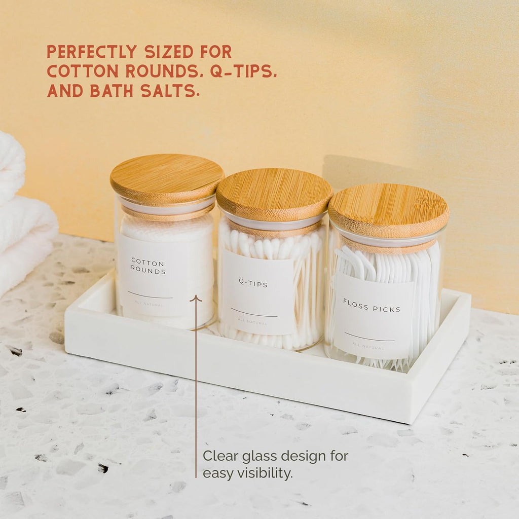 Vase and Vessel Mini Glass Apothecary Jars - Bamboo Lids for Stylish Storage | Set of 3, 10 oz Clear