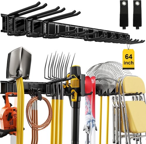 64" Garage Tool Organizer - Heavy Duty Steel Storage Rack with 12 Adjustable Hooks | Ideal for Yard, Shed, Garage