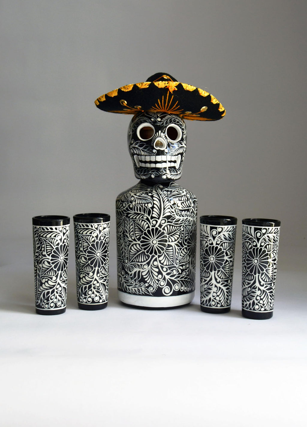 Tequila Decanter Set, Liquor Decanter with Shot Glasses and Mexican Sombrero, Hand-painted Decanter, Skull Decanter, Bar Decoration, Unique Tequila Gift, Gift For Dad, (Black Decanter Set)
