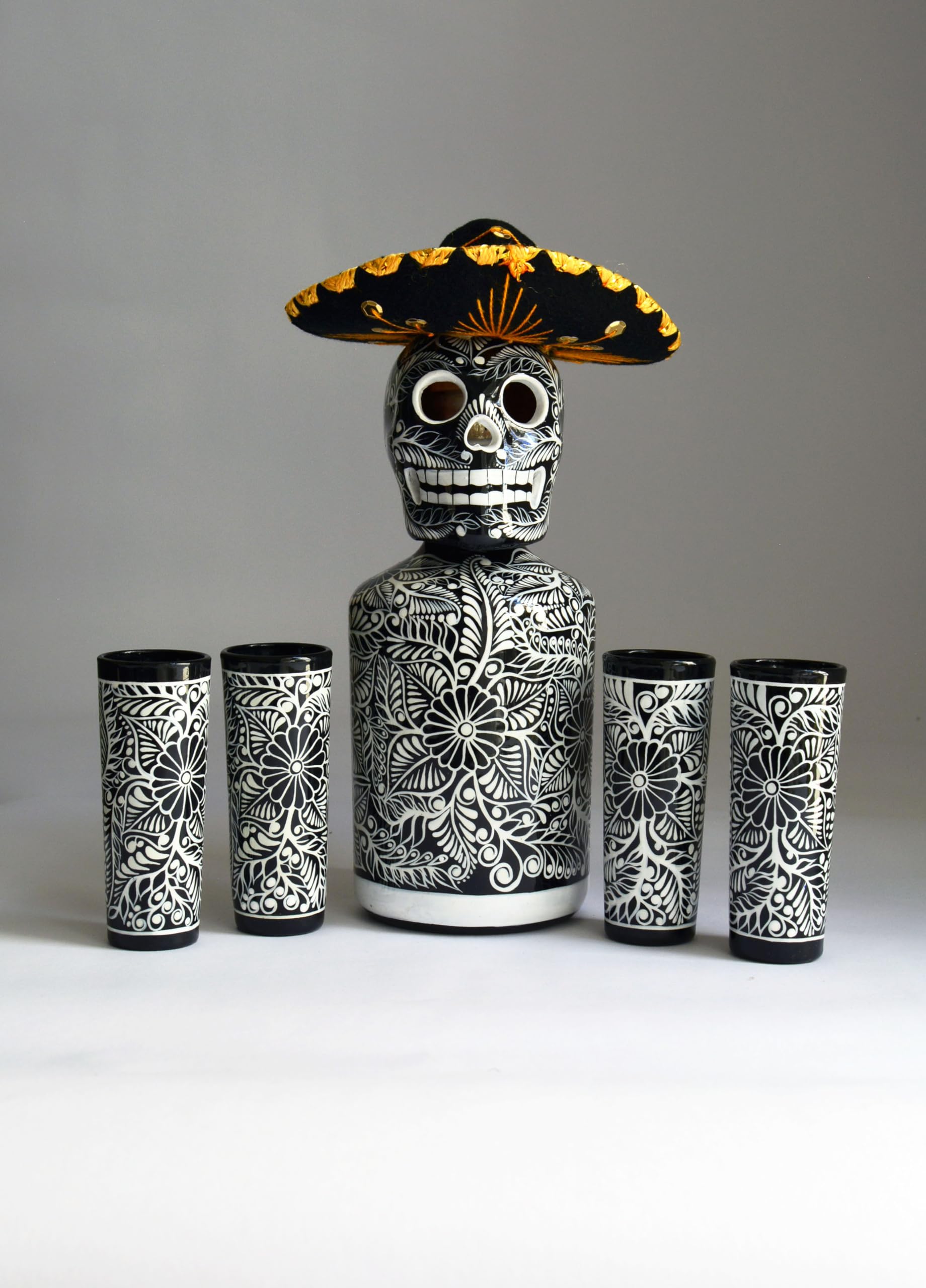 Tequila Decanter Set, Liquor Decanter with Shot Glasses and Mexican Sombrero, Hand-painted Decanter, Skull Decanter, Bar Decoration, Unique Tequila Gift, Gift For Dad, (Black Decanter Set)