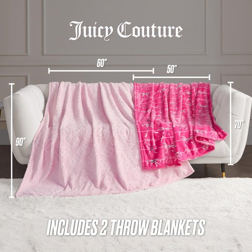Juicy Couture Plush Throw Blanket Set - 2 Piece Set: 50" x 70" & 60"x 90", Royal Embossed/Bow