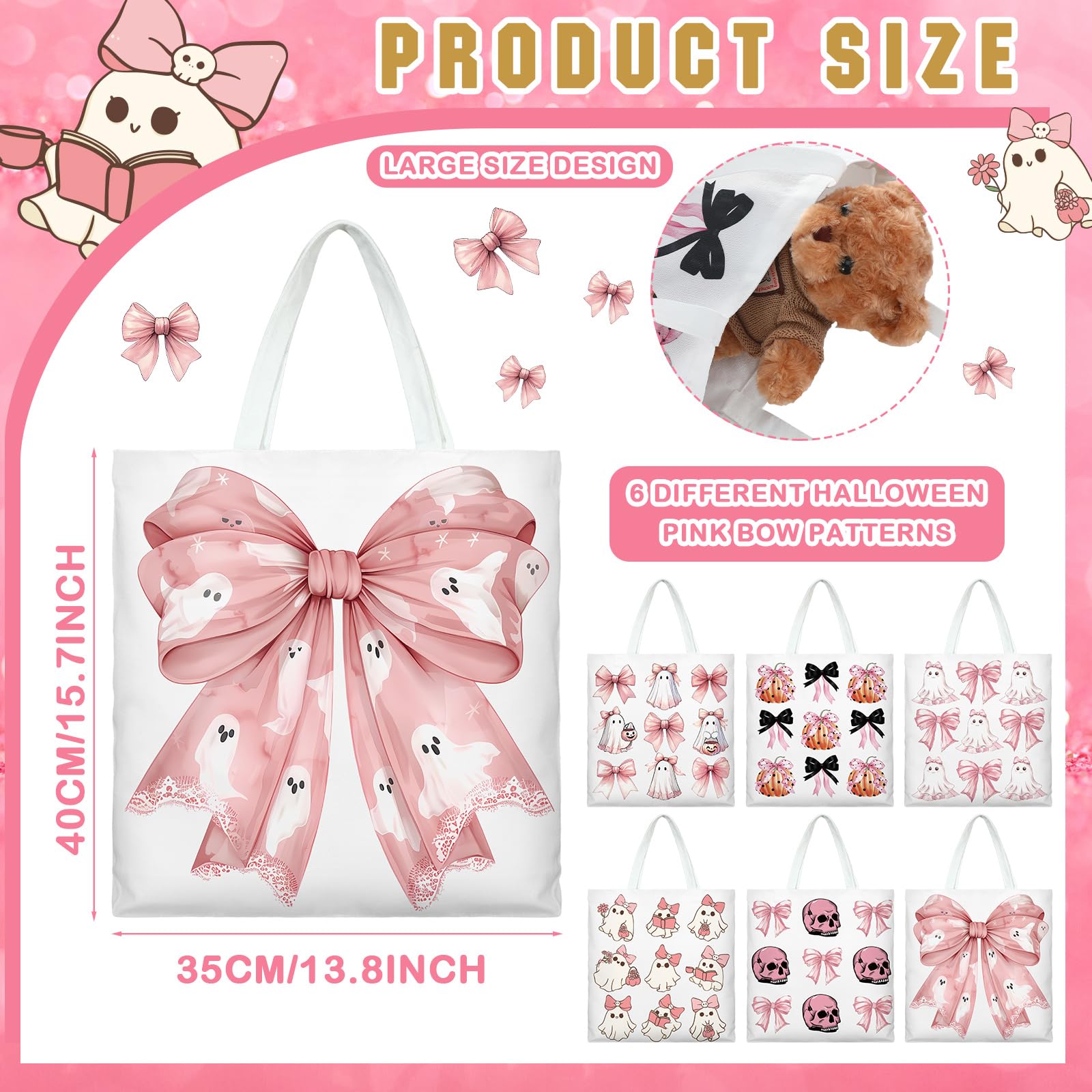 Kosiz 6 Pcs Halloween Tote Bags Bulk Pink Ghost Tote Reusable Trick or Treat Goodie Bags Cute Ghost Canvas with Handles for Halloween Bow Pumpkin Canvas Supplies Shopping Party Favors