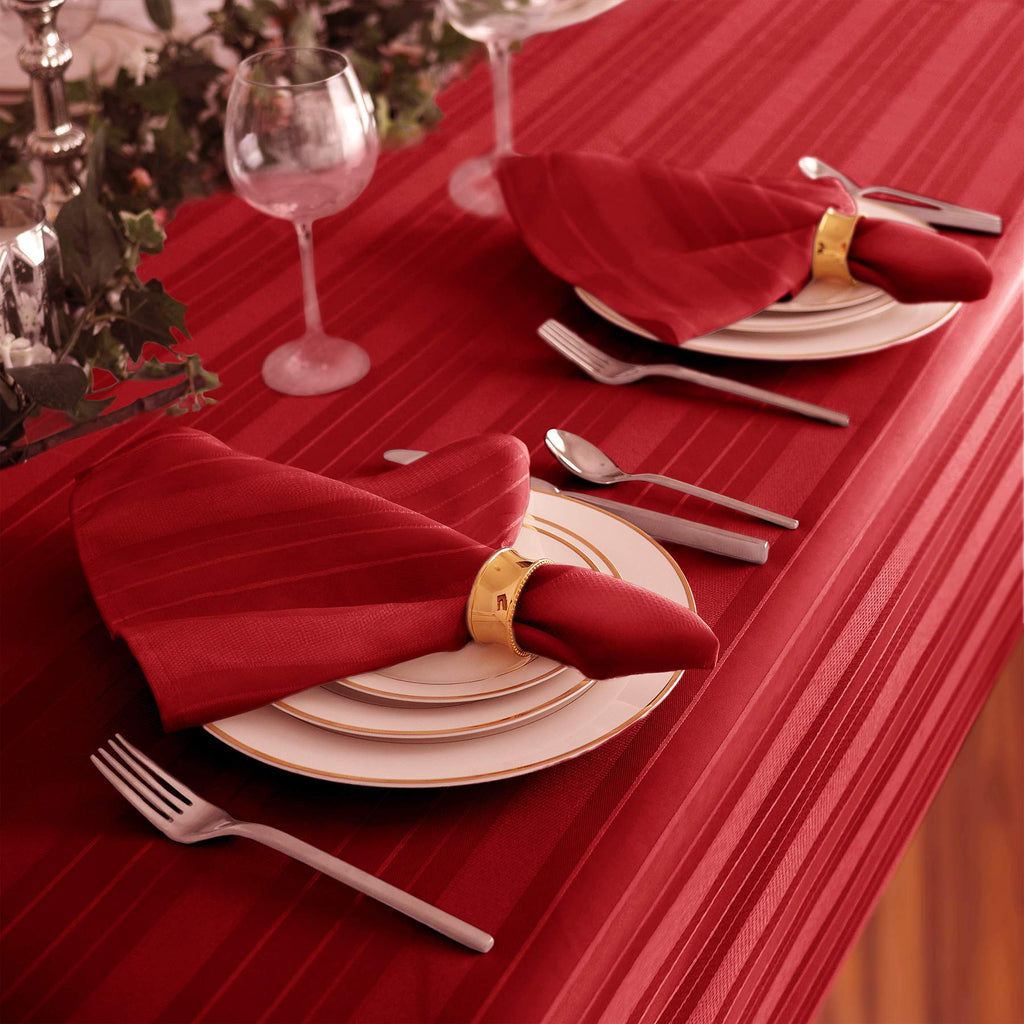 Newbridge Red Satin Stripe Fabric Tablecloth, 60 x 144 Inch Rectangle, Elegant Woven Stripe, Wrinkle Resistant Reusable Polyester Table Cover