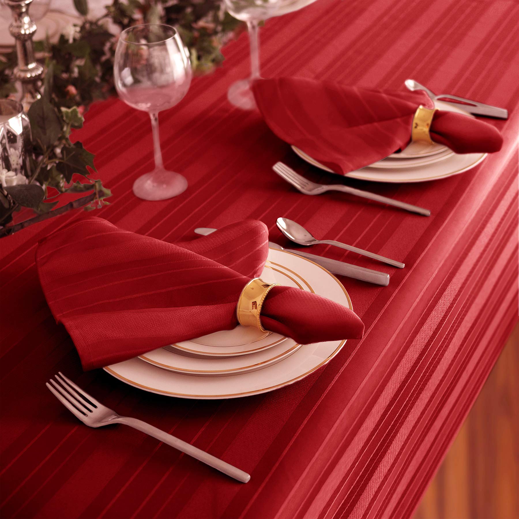 Newbridge Red Satin Stripe Fabric Tablecloth, 60 x 144 Inch Rectangle, Elegant Woven Stripe, Wrinkle Resistant Reusable Polyester Table Cover