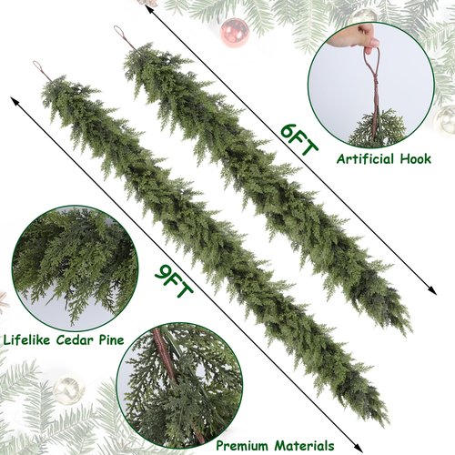 yofit 6FT Garland Christmas Decorations- Artificial Cedar Pine Garlands for Fireplace Mantel, Table, Door Frame, Staircase- Christmas Indoor/Outdoor Holiday Decor