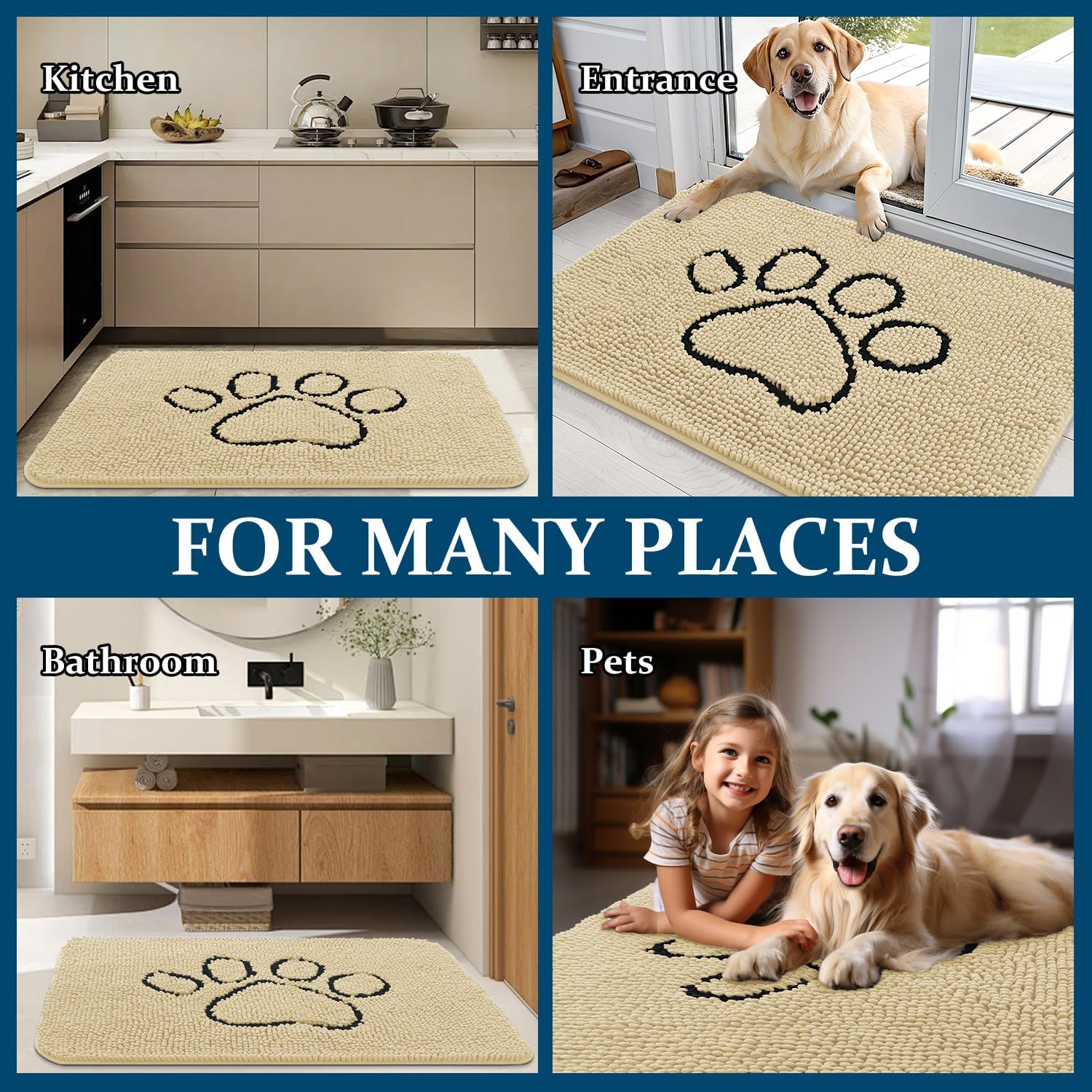 OLANLY Dog Door Mat - Absorbent Non-Slip Chenille for Muddy Paws | 48x30 Paw Print Design