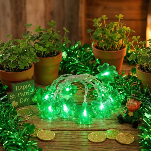 10 Feet Shamrock String Lights - St Patricks Day Decorations with 20 LED Lucky Clover Lights Battery Powered, Timing Function - Green Feast Lighting for Indoor House Irish Bedroom Party Festival Decor