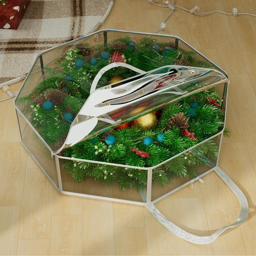 Homyfort 24" Christmas Wreath Storage Container - Waterproof Heavy Duty Wreath Bag with Reinforced Handles, Transparent PVC Wreath Holder for Xmas Holiday Seasonal Wreath Garland