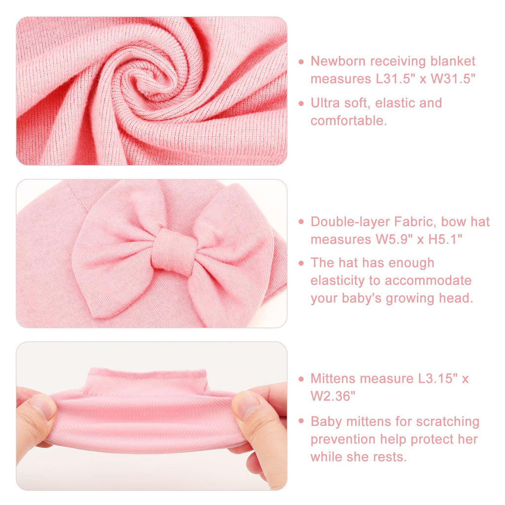 AQOKKA Newborn Receiving Blanket with Bow Hat Mittens Set Nursery Swaddle Wrap Toddler Swaddles for Newborn Baby Boy Girl
