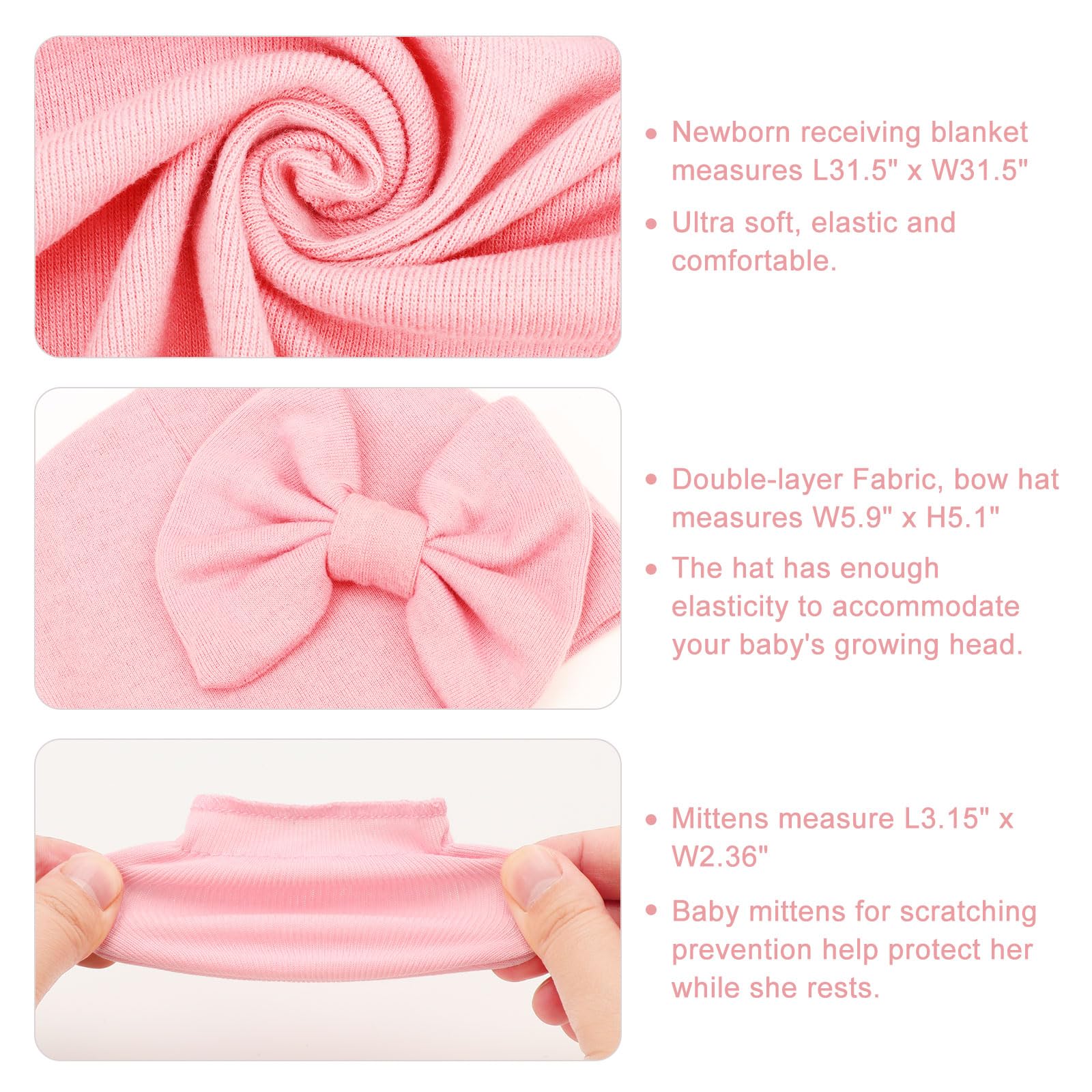 AQOKKA Newborn Receiving Blanket with Bow Hat Mittens Set Nursery Swaddle Wrap Toddler Swaddles for Newborn Baby Boy Girl