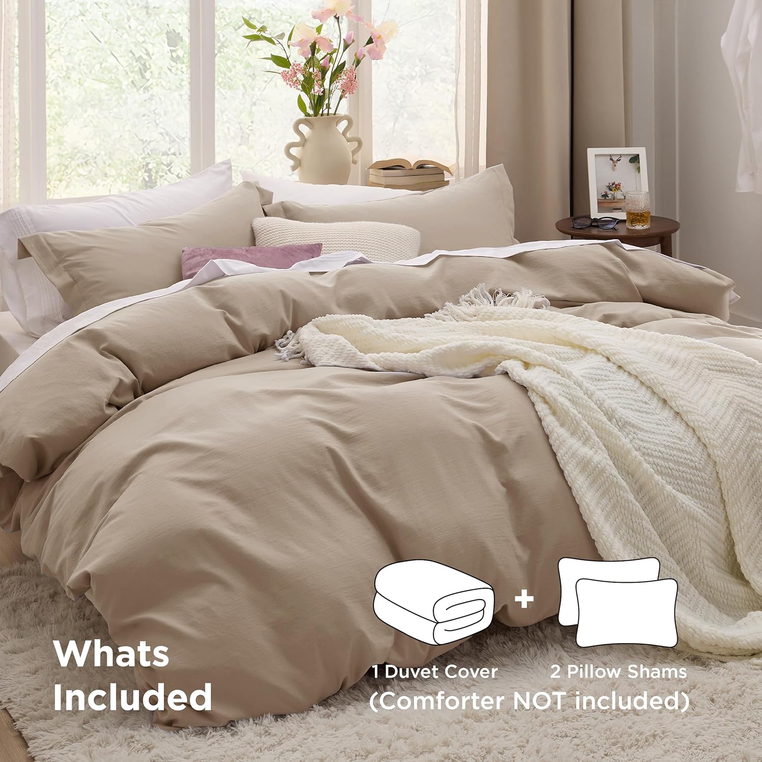 Bedsure King Size Duvet Cover Set - Extra Soft Prewashed Cotton-Like Bedding, Light Brown | 3 Pieces, Zipper Closure