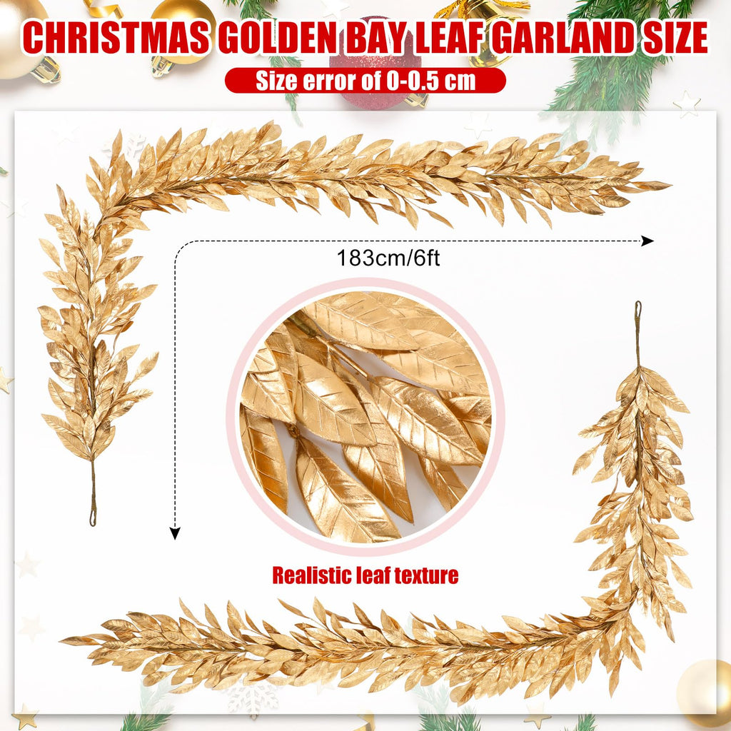 Jutom 9 Ft Gold Christmas Bay Leaf Garland Decoration Gold Bayleaf Garland for Christmas Fireplace Front Door Stairs Decoration Xmas Holiday Winter Engagement Birthday Wedding Supplies