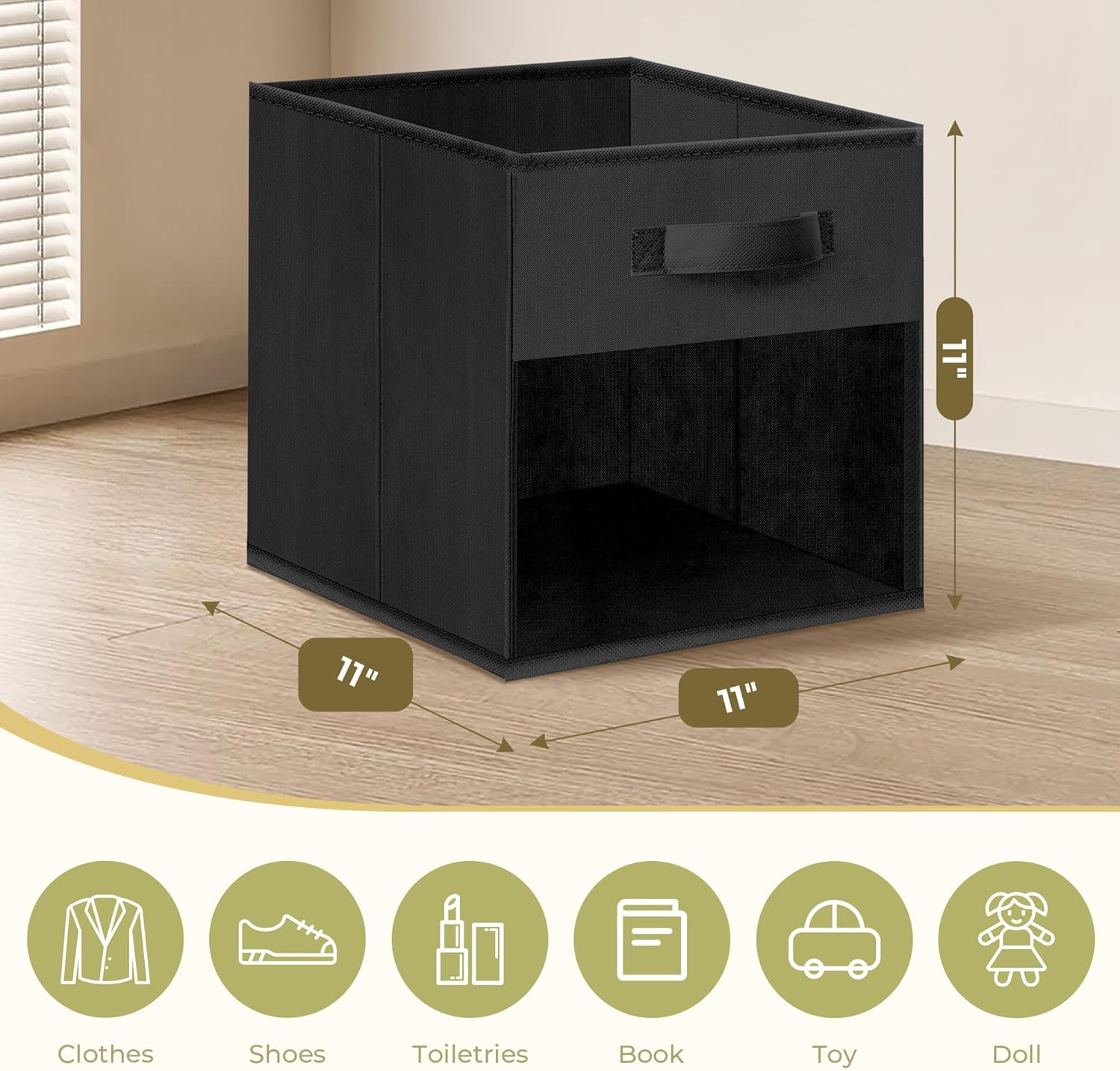 Storage Bins - 11x11 Collapsible Cube Organizers with Clear Window & Handles | Black, 12 Pack