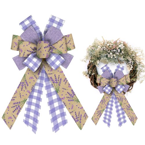 Glodecart Large Purple Lavender Burlap Plaid Flower Wreath Bow for Front Door, Wall, Party Decor, Spring Summer Decoration Supplies Ornament