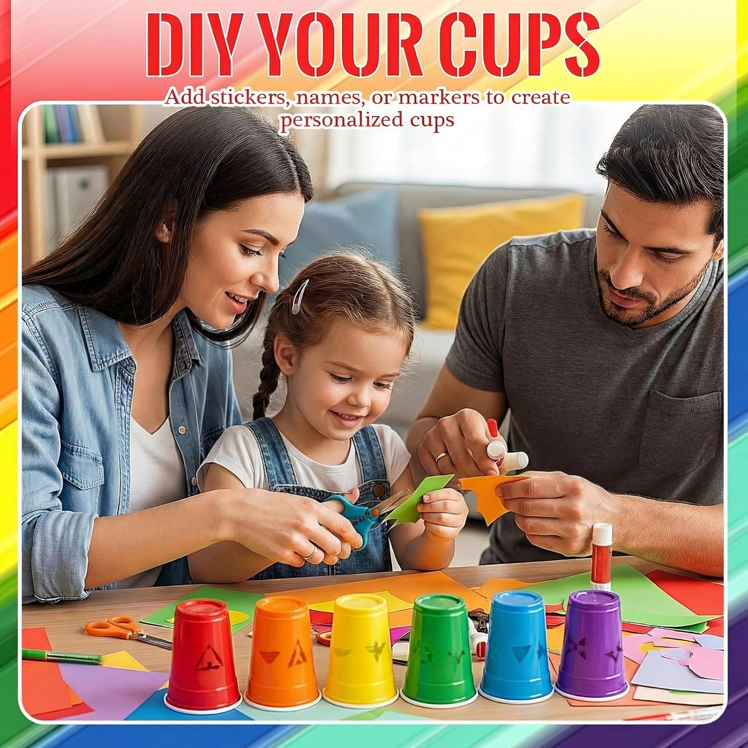 Qinyoung 100 Pcs Rainbow Plastic Cups - 12 oz Disposable Drinking Cups for Parties & Celebrations