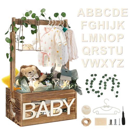 TAEYONK Wooden Baby Shower Crate Closet, Baby Shower Basket with 33.5" High Hanger Rack and Swing, DIY Baby Welcome Box with Handle, Easy Assembly Storage Crate for Pregnancy New Parent（Brown）