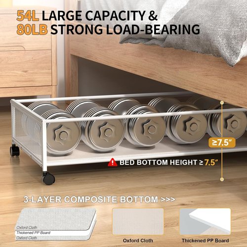 Under Bed Storage Containers with Wheels Large Underbed Shoes Blankets Clothes Toy Storage Drawers for College Dorms Bedrooms Nursery Rooms Organization (White 2 Pack, 7.5in height(36"x16.6"x7.48"))
