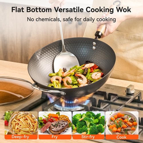 WANGYUANJI Flat Bottom Wok Pan, 12.6 Inch Carbon Steel Stir Fry Pan with Lid, Uncoated Heavy Duty Iron Woks for Cooking, Compatible with Induction Gas Electric Stovetops, Deep Frying Skillet Cookware