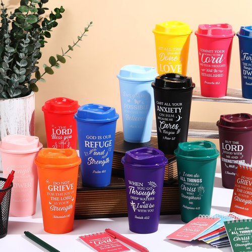 Funnymoom 48 Pack Christian Cups for Employee 16oz Religious Plastic Tumblers with Lids Bible Notebooks and Pens Bulk Christian Cups for Team Staff Coworker Gifts (Classic Color)