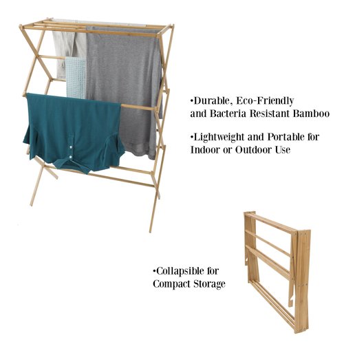 Bamboo Clothes Drying Rack - Collapsible and Compact for Indoor/Outdoor Use - Portable Wooden Rack for Hanging and Air-Drying Laundry by Lavish Home