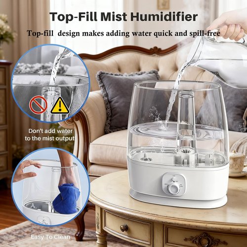 6L Humidifier for Large Room - Cool Mist Ultrasonic with 60H Runtime, Top Fill, Whisper Quiet ≤28dB, Auto Shut-Off, Essential Oil Diffuser & Night Light for Baby Nursery Bedroom Office
